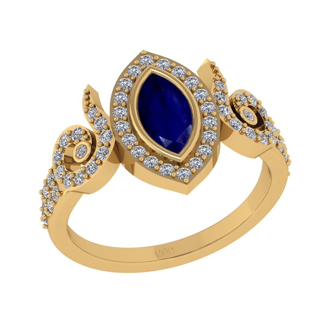 0.93 Ctw VS/SI1 Blue Sapphire and Diamond14K Yellow Gold Engagement Ring: Center Stone Weight : 0.50 Ctw (Marquise Cut) Center Stone Color :-Blue Sapphire Center Stone Setting : Prong Side Diamond Weight Of Ctw 0.43 Ctw Color : J-K Clarity : VS/SI1 Stone Setting : Prong