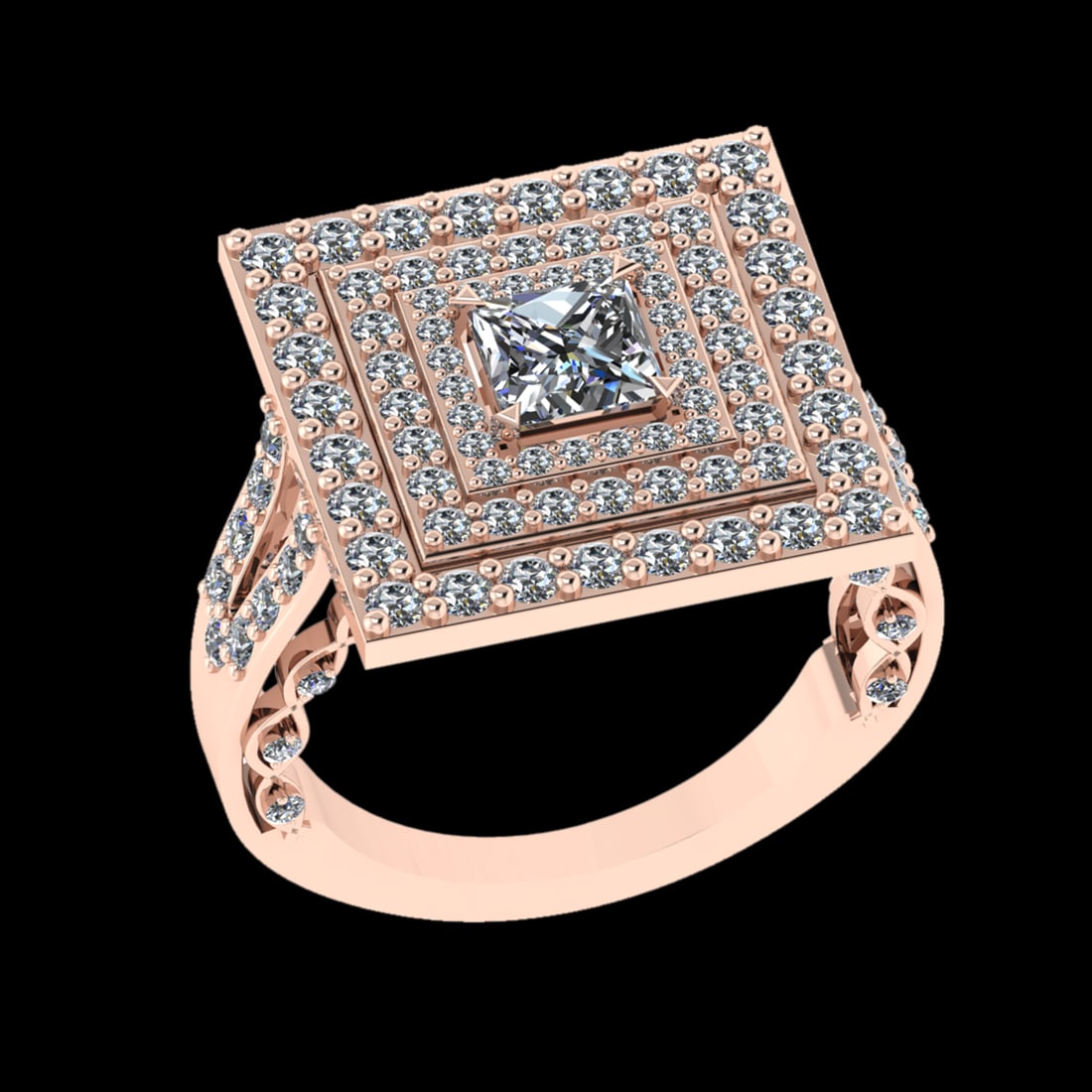 2.52 Ctw VS/SI1 Diamond Prong Set 18K Rose Gold Engagement Ring: Center Diamond Weight :-0.75 Ctw ( Princess Cut) Color :- G-H Clarity : VS/SI1 Center Stone Setting : Prong Side Diamond Weight Of Ctw 1.77 Ctw Color : G-H Clarity : VS/SI1 Stone Setting : Prong