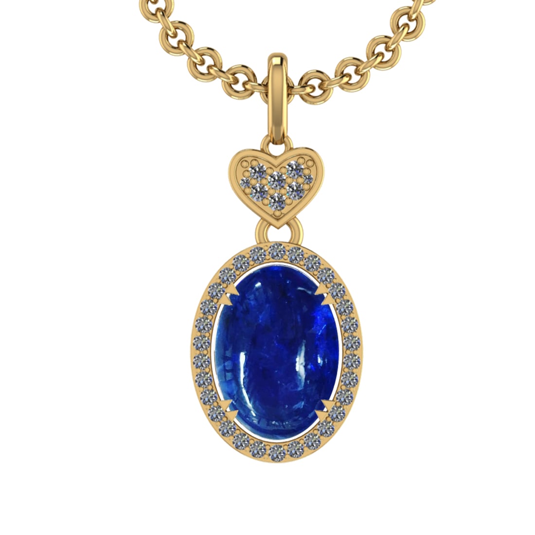 12.57 Ctw VS/SI1 Tanzanite and Diamond 14K Yellow Gold Pendant: Center Stone Weight : 12.20 Ctw ( Oval Cab) Center Stone Color :-Tanzanite Setting : Prong Side Weight Of Ctw 0.37 Ctw Color : J-K Clarity :VS/SI1 Stone Setting : Prong Metal Weight : Approx 6.80 gram