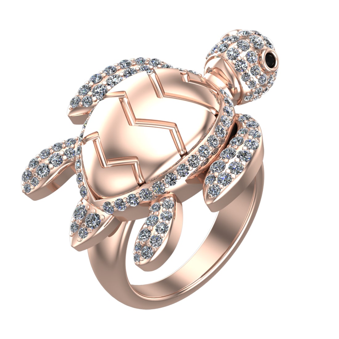 1.60 Ctw VS/SI1 Treated Fancy Black an white Diamond 14k Rose Gold Tortoise: Eye Stone Weight :- 0.05 ctw Eye Stone Color :- Treated Fancy Black Diamond Clarity : VS/SI1 Total Daimond Weight :-1.55 Ctw Color : G-H Clarity : VS/SI1 Setting : Prong Metal Weight : Approx 27.68 gr