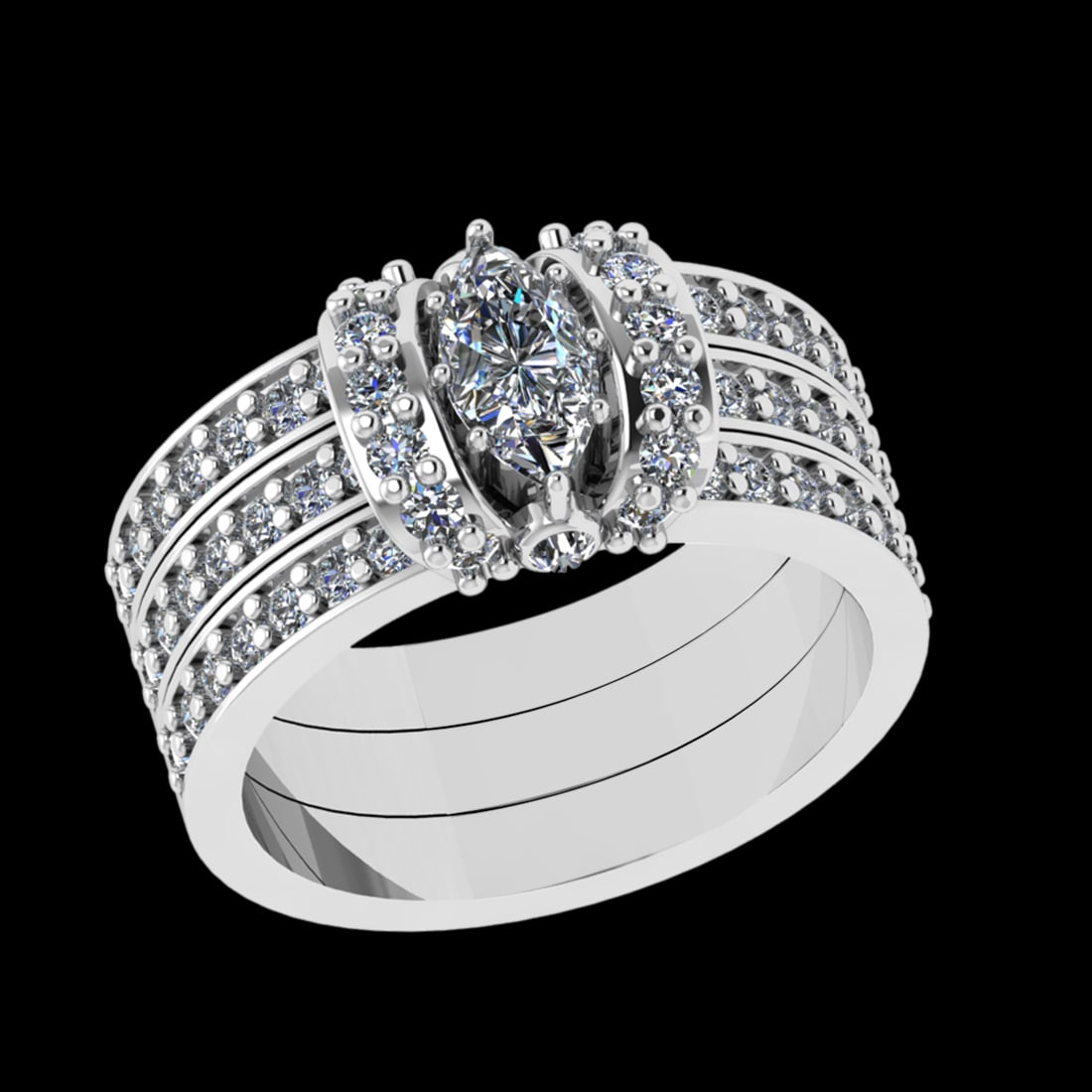 1.39 Ctw VS/SI1 Diamond Prong Set 18k white Gold Engagement Ring (ALL DIAMO: Center Daimond Weight :-0.50 Ctw ( Marquise Cut ) Color : G-H Clarity : VS/SI1 Side Diamond Weight Of Ctw 0.89 Ctw Color : G-H Clarity : VS/SI1 Daimond Setting : Prong Metal Weight : Approx 8.90 gram