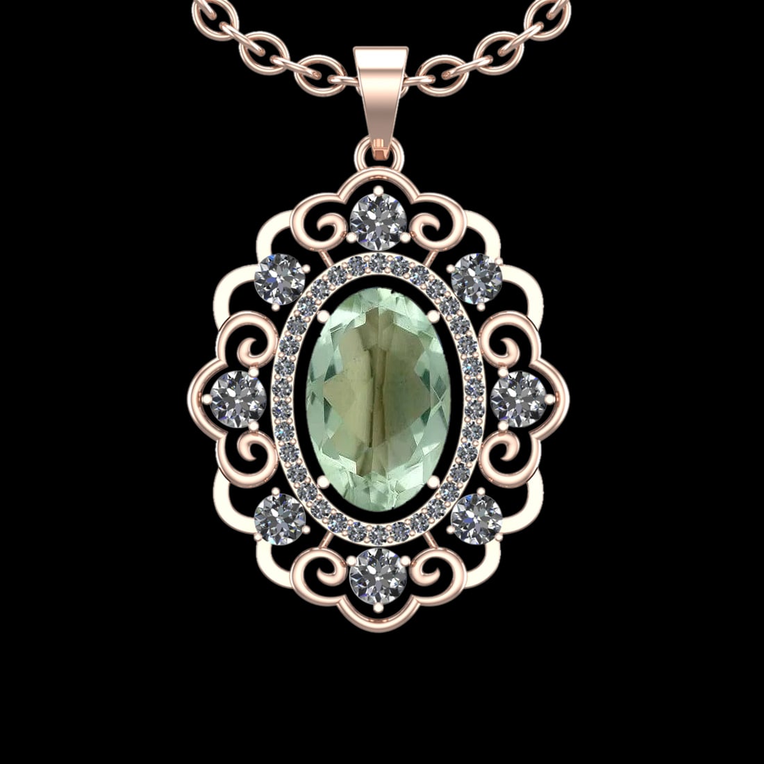 20.23 Ctw VS/SI1 Green Amethyst And Diamond 14K Rose Gold Necklace( ALL DIA: Center Stone Weight : 16.18 Ctw ( Oval Cut ) Center Stone Color : Green Amethyst Stone Setting : Prong Side Diamond Weight Of Ctw 4.05 Ctw Side Stone Color : J-K Stone Clarity : VS/SI1 Stone Setting