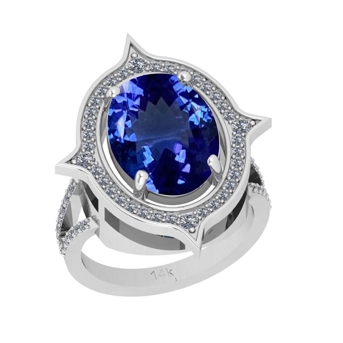 7.70 Ctw VS/SI1 Tanzanite And Diamond 18k White Gold Cocktail Ring: Center Stone Weight : 7.26 Ctw (Oval Cut ) Center Stone Color : Tanzanite Stone Setting : Prong Side Stone Weight Of Ctw 0.44 Ctw Side Stone Color : J-K Stone Clarity : VS/SI1 Stone Setting : Prong Me