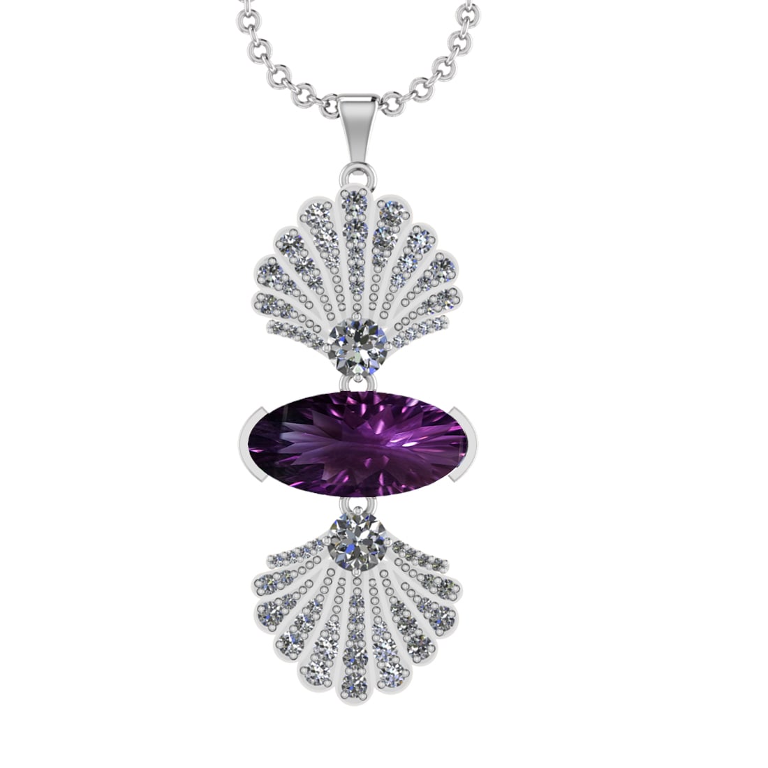 13.85 Ctw VS/SI1 Amethyst and Diamond Prong Set 14k White Gold Pendant (ALL: Center Stone Weight : 12.20 Ctw ( Oval Cut) Center Stone Color :-Amethyst Setting : Prong Side Weight Of Ctw 1.60 Ctw Color : J-K Clarity : VS/SI1 Stone Setting : Prong Metal Weight : Approx 13.40 gra