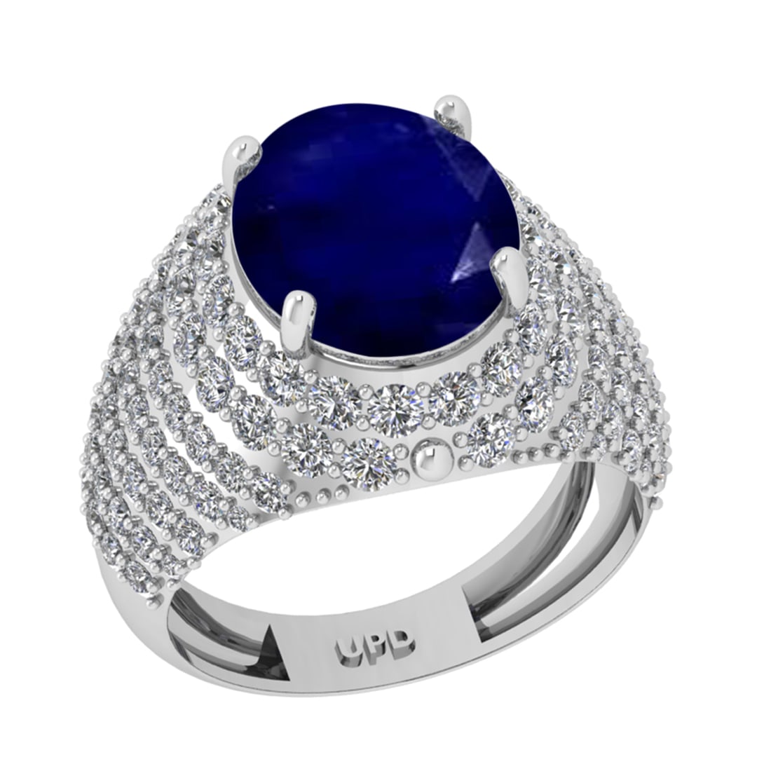6.72 Ctw VS/SI1 Blue Sapphire And Diamond 14K White Gold Engagement Ring: Center Stone Weight : 4.50 Ctw ( Oval Cut ) Center Stone Color : Blue Sapphire Stone Setting : Prong Side Diamond Weight Of Ctw2.22 Ctw Side Stone Color : G-H Stone Clarity : VS/SI1 Stone Setting : Pr