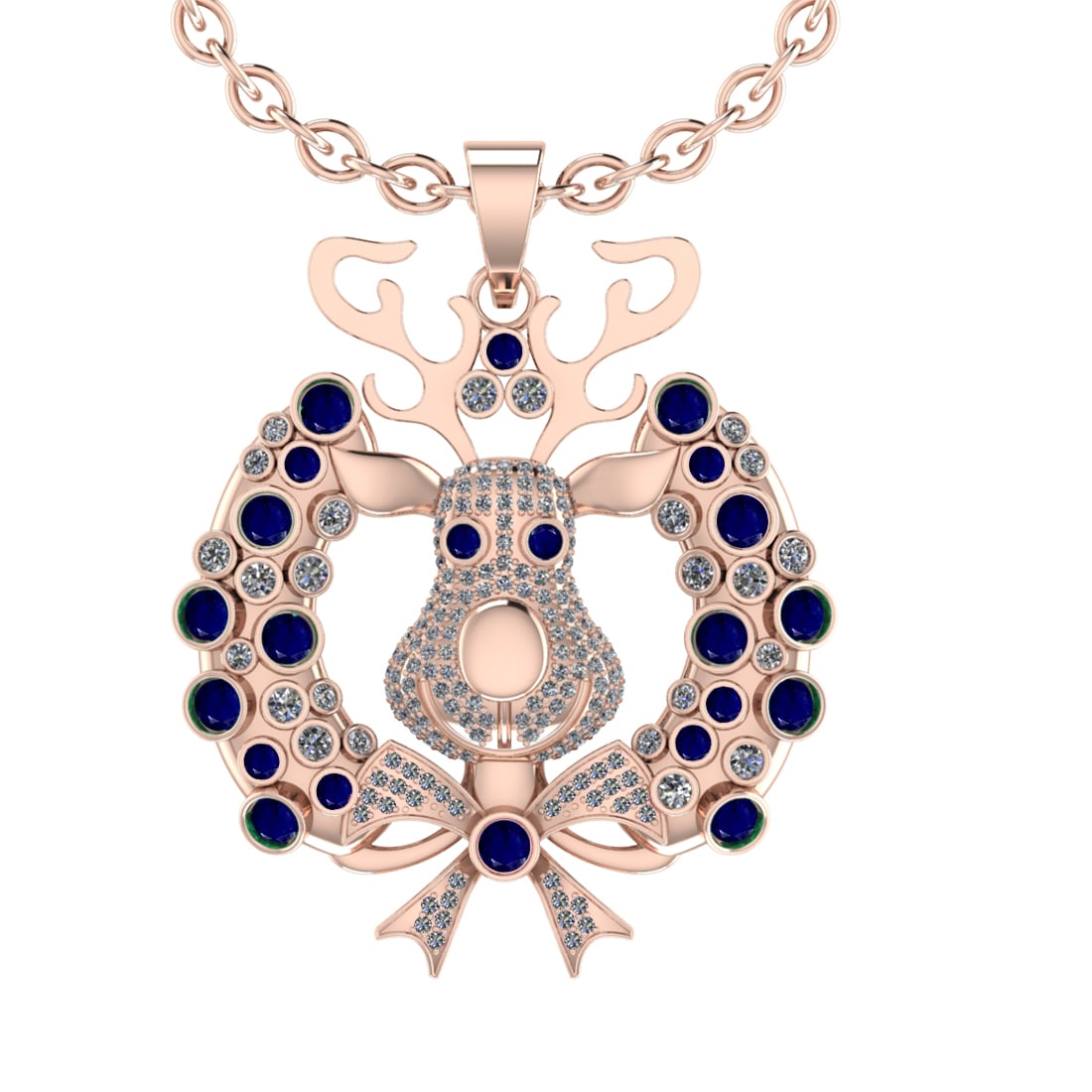 3.02Ctw VS/SI1 Blue Sapphire and Diamond 14K Rose Gold Necklace(ALL DIAMOND: Center Stone Weight 1.79Ctw (Round cut) Color :- Blue Sapphire Center Stone Setting : Prong Side Diamond Weight Of Ctw1.23Ctw Color : J-K Clarity : VS/SI1 Stone Setting : Prong Metal Weight : Approx32