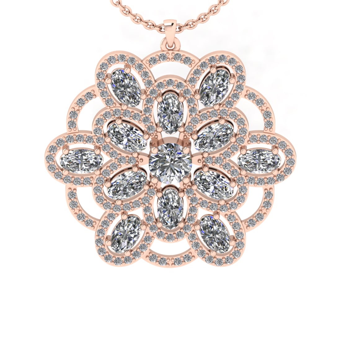 4.28 Ctw VS/SI1 Diamond 14K Rose Gold Necklace (ALL DIAMOND ARE LAB GROWN ): Center Diamond Weight :- 3.50 Ctw (Round & Oval cut) Color :- J-K Clarity : I2/I3 Center Stone Setting : Prong Side Diamond Weight Of Ctw 0.78 Ctw Color : J-K Clarity : VS/SI1 Stone Setting : Prong Me
