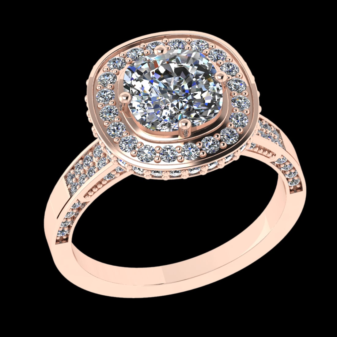 2.59 Ctw VS/SI1 Diamond 14 K Rose Gold Engagement Ring (ALL DIAMOND ARE LAB: Center Diamond Weight : 1.50 Ctw (Cushion Cut) Center Color :-G-H Center Stone Clarity :- VS/SI1 Center Stone Setting : Prong Side Stone Weight Of Ctw 1.09 Ctw Side Stone Color : G-H Stone Clarity : V