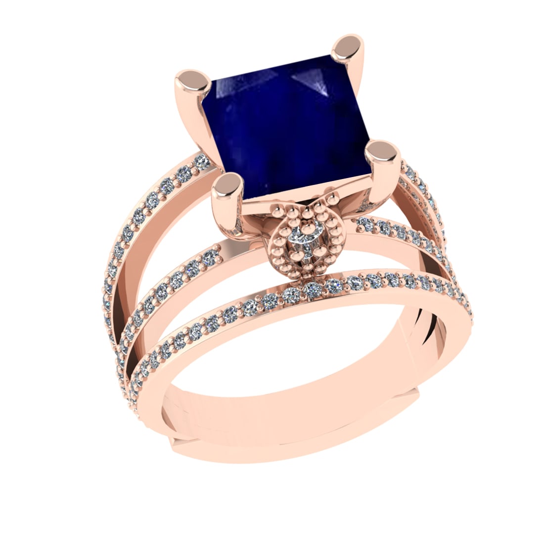 2.70 Ctw VS/SI1 Blue Sapphire And Diamond 14k Rose Gold Engagement Ring (AL: Center Stone Weight : 2.00 Ctw ( Cushion Cut ) Center Stone Color : Blue Sapphire Stone Setting : Prong Side Diamond Weight Of Ctw 0.70 Ctw Side Stone Color : G-H Stone Clarity : VS/SI1 Stone Setting