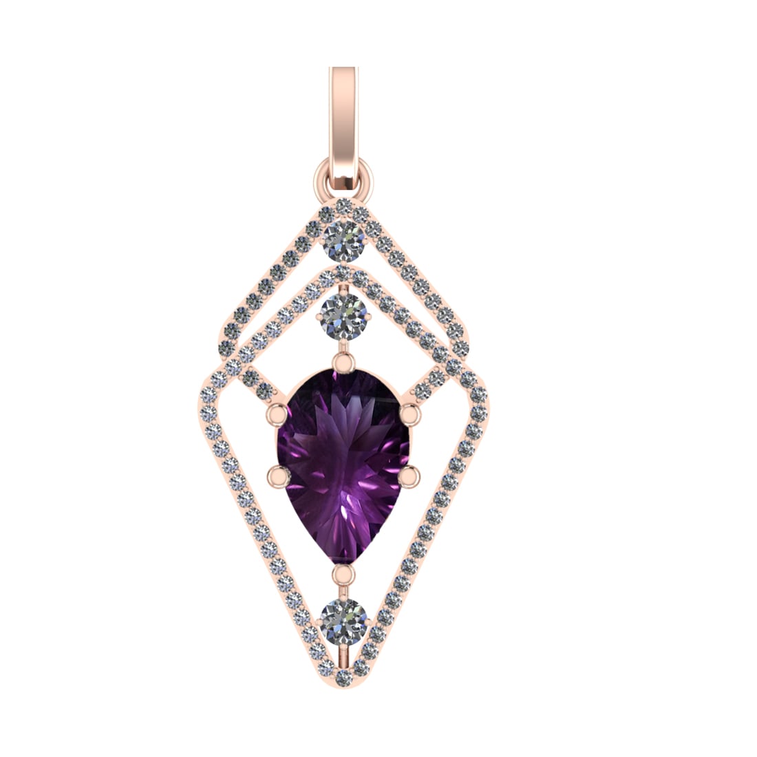 59.06 Ctw SI2/SI1 Amethyst and Diamond Prong Set 14k Rose Gold Pendant (ALL: Center Stone Weight :-51.47 Ctw ( Pear Cut) Center Stone Color :-Amethyst Center Stone Setting : Prong Side Diamond Weight Of Ctw 7.59 Ctw Color : F-G Clarity : SI2/SI1 Stone Setting : Prong Metal