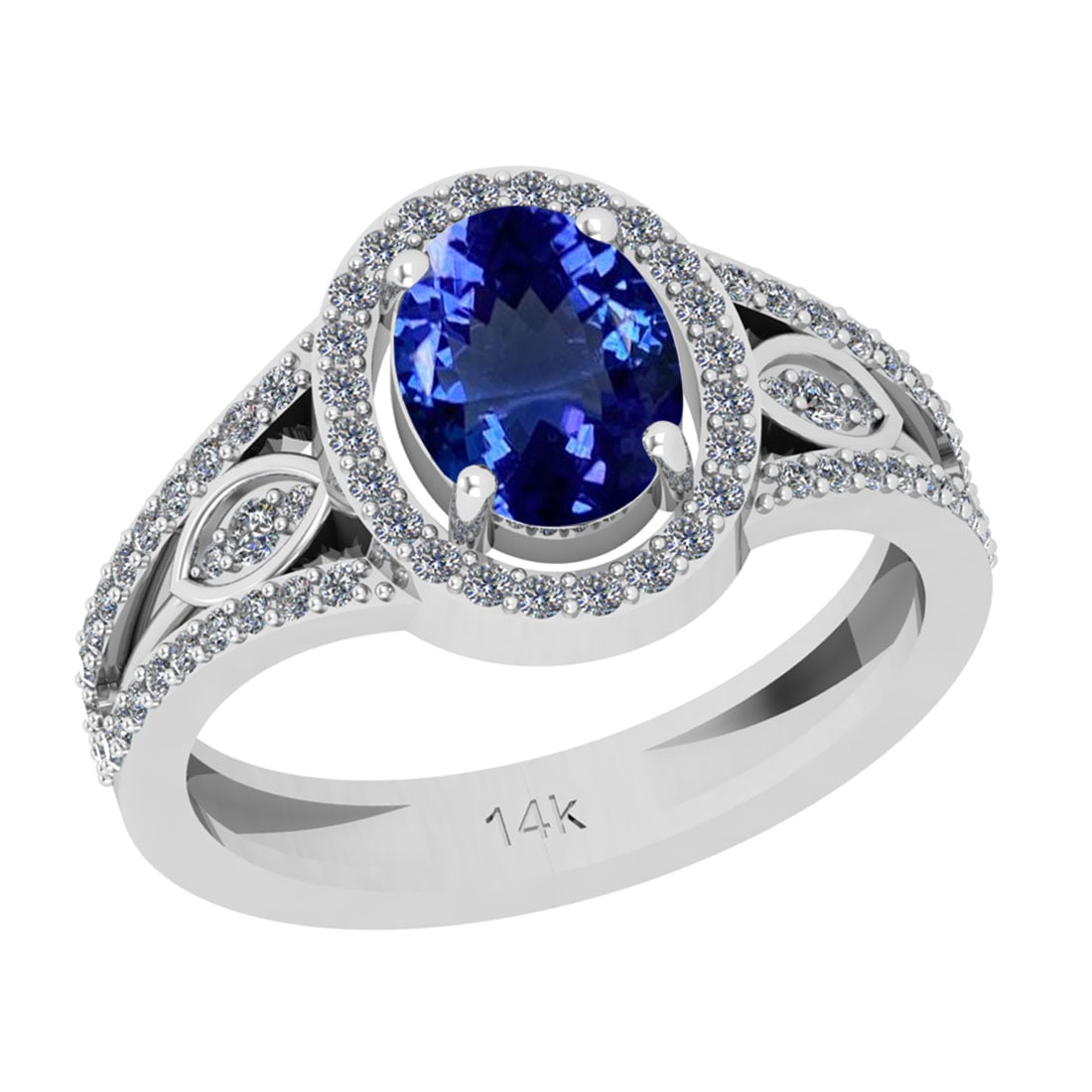 1.90 Ctw VS/SI1 Tanzanite And Diamond 18k White Gold Cocktail Ring: Center Stone Weight : 1.50 Ctw (Oval Cut ) Center Stone Color : Tanzanite Stone Setting : Prong Side Stone Weight Of Ctw 0.40 Ctw Side Stone Color : J-K Stone Clarity : VS/SI1 Stone Setting : Prong Me
