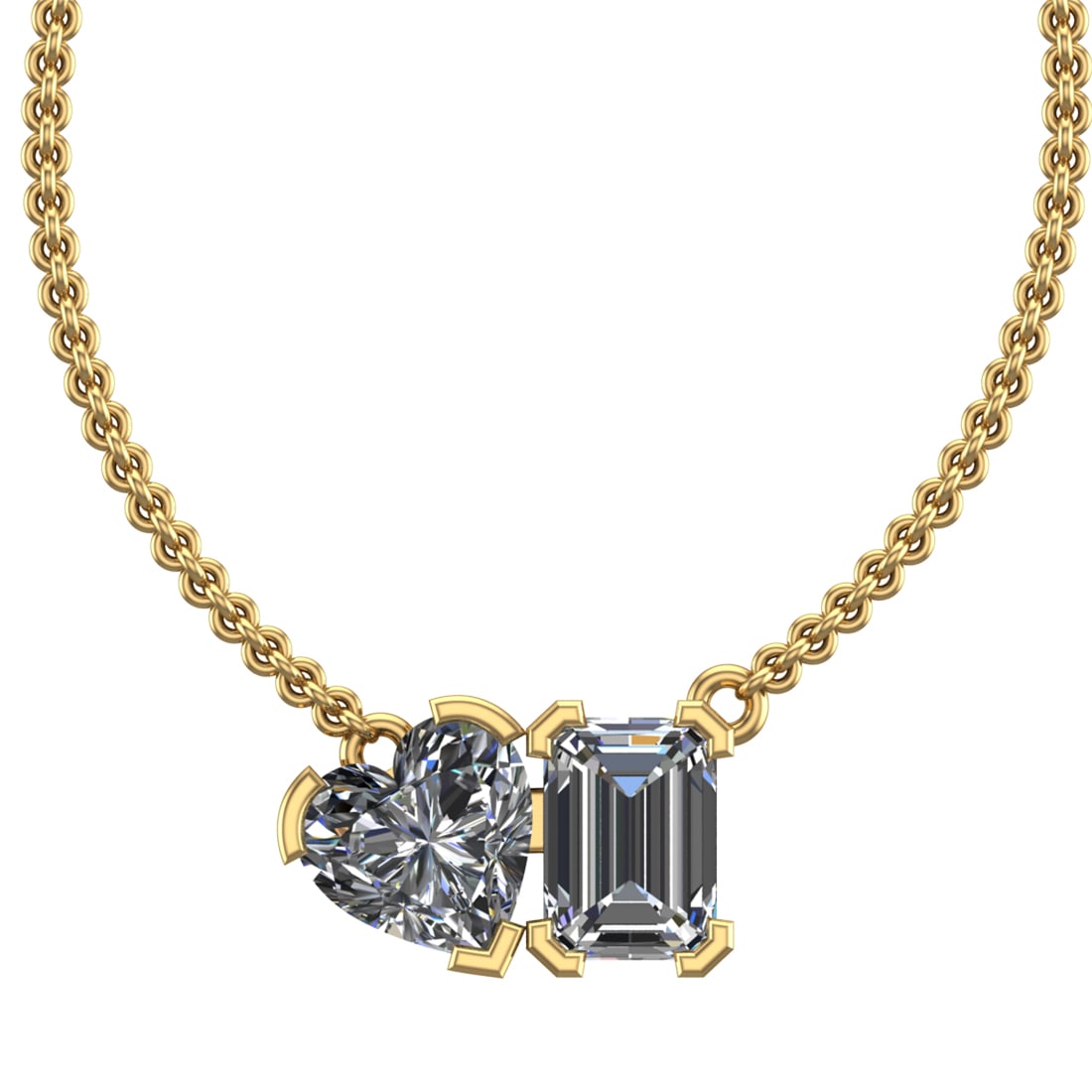 2.25 Ctw SI2/SI1 Diamond Prong Set 14K Yellow Gold Two-Stone Pendant Neckla: Total Daimond Weight :-2.25 Ctw ( Heart & Emerald cut ) Color : G-H Clarity : SI2/SI1 Setting : Prong Metal Weight : Approx 2.61 gram 14K Yellow Gold Two-Stone Pendant Necklace (ALL DIAMOND ARE LAB GR