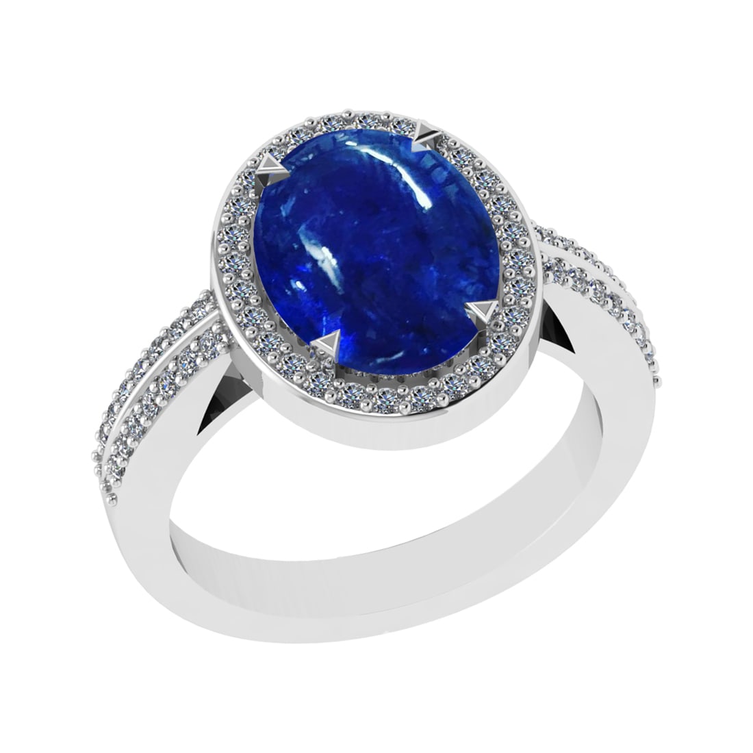 5.54 Ctw VS/SI1 Tanzanite and Diamond Prong Set 14K White Gold Engagement R: Color Stone Weight : 5.02 Ctw (Oval Cab) Stone Color :- Tanzanite Center Stone Setting : Prong Side Weight Of Ctw 0.52 Ctw Color : J-K Clarity : VS/SI1 Stone Setting : Prong Metal Weight : Approx 6.20