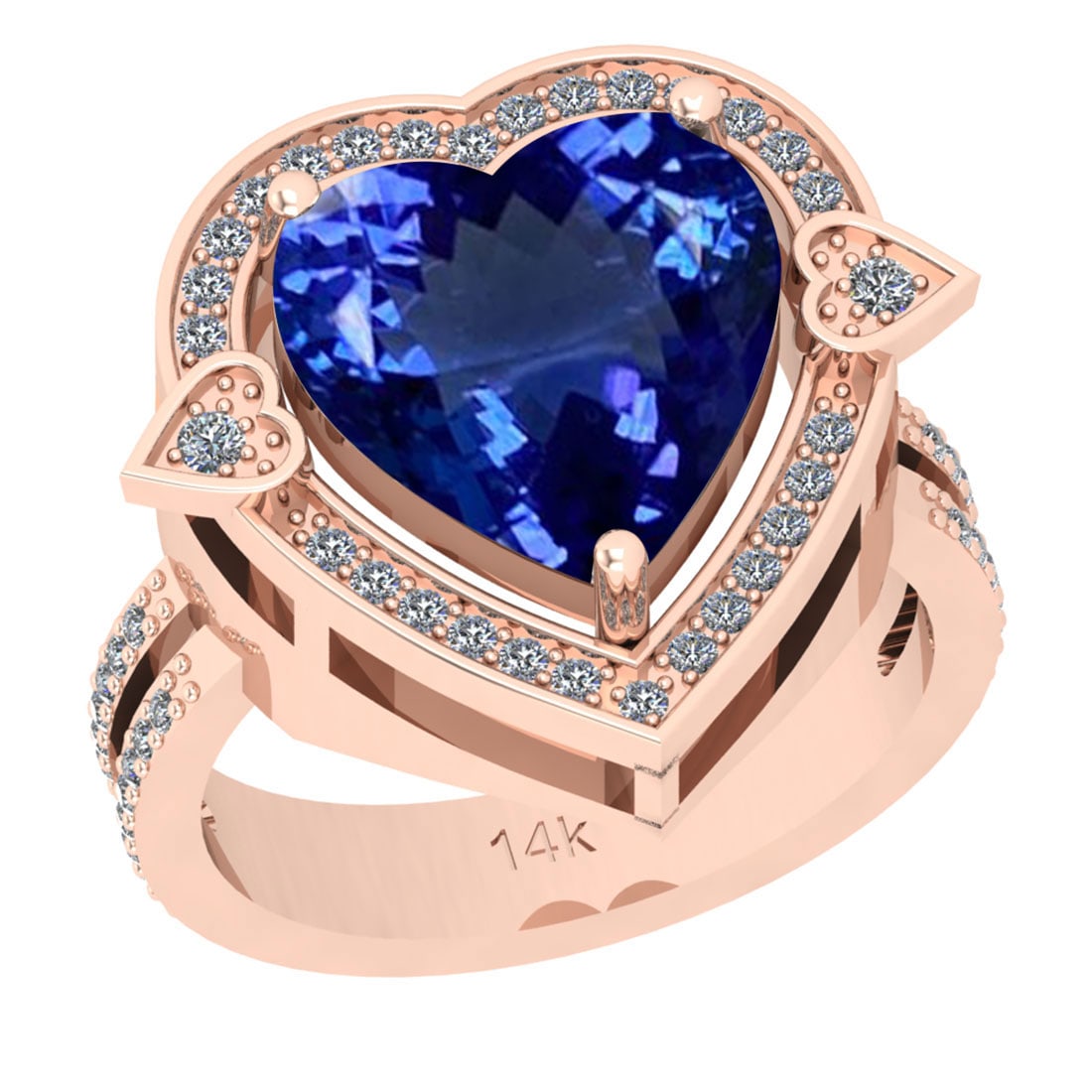 7.39 Ctw VS/SI1 Tanzanite And Diamond 18k Rose Gold Cocktail Ring: Center Stone Weight : 7.03 Ctw (Heart Cut ) Center Stone Color : Tanzanite Stone Setting : Prong Side Stone Weight Of Ctw 0.36 Ctw Side Stone Color : J-K Stone Clarity : VS/SI1 Stone Setting : Prong