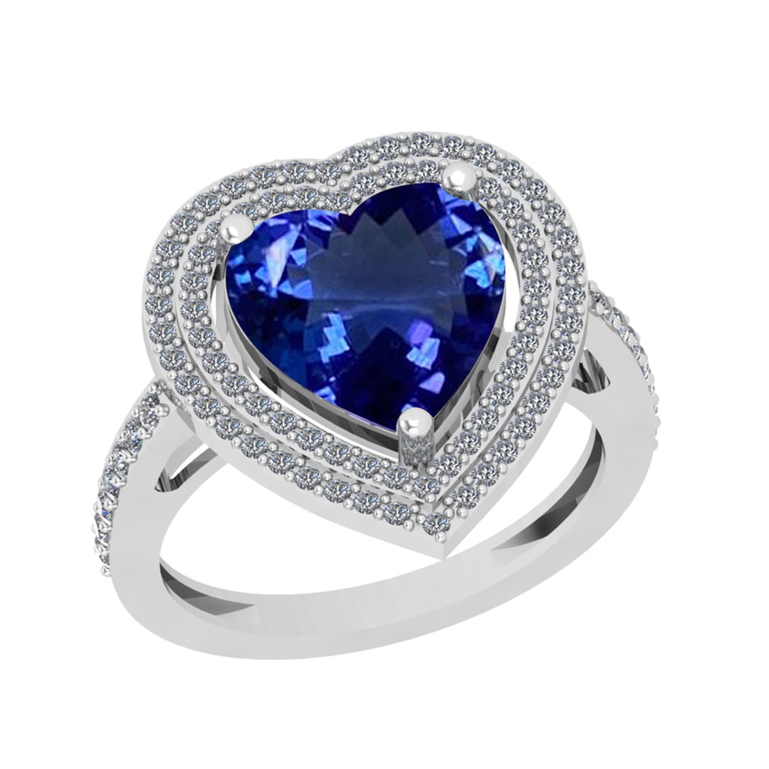 5.07 Ctw VS/SI1 Tanzanite And Diamond 18k White Gold Engagement Halo Ring: Center Stone Weight : 4.59 Ctw ( Heart Cut ) Center Stone Color : Tanzanite Stone Setting : Prong Side Diamond Weight Of Ctw 0.48 Ctw Side Stone Color : J-K Stone Clarity : VS/SI1 Stone Setting : Pron