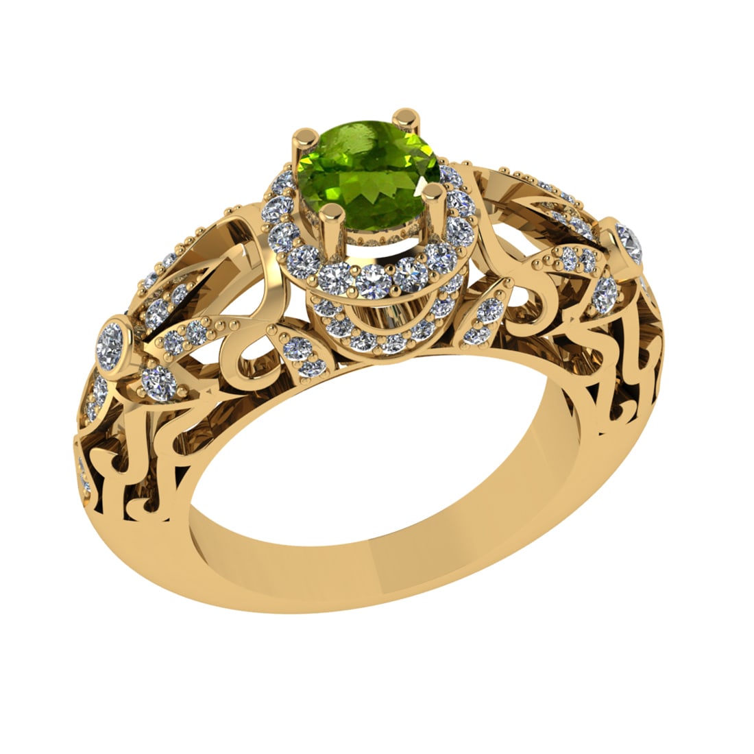 1.45 Ctw VS/SI1 Peridot and Diamond Set 10K Yellow Gold Engagement Ring (AL: Center Stone Weight :-0.84 Ctw ( Round Cut) Center Stone Color :-Peridot Center Stone Setting : Prong Side Diamond Weight Of Ctw 0.61 Ctw Color : J-K Clarity : VS/SI1 Daimond Setting : Prong Metal Wei