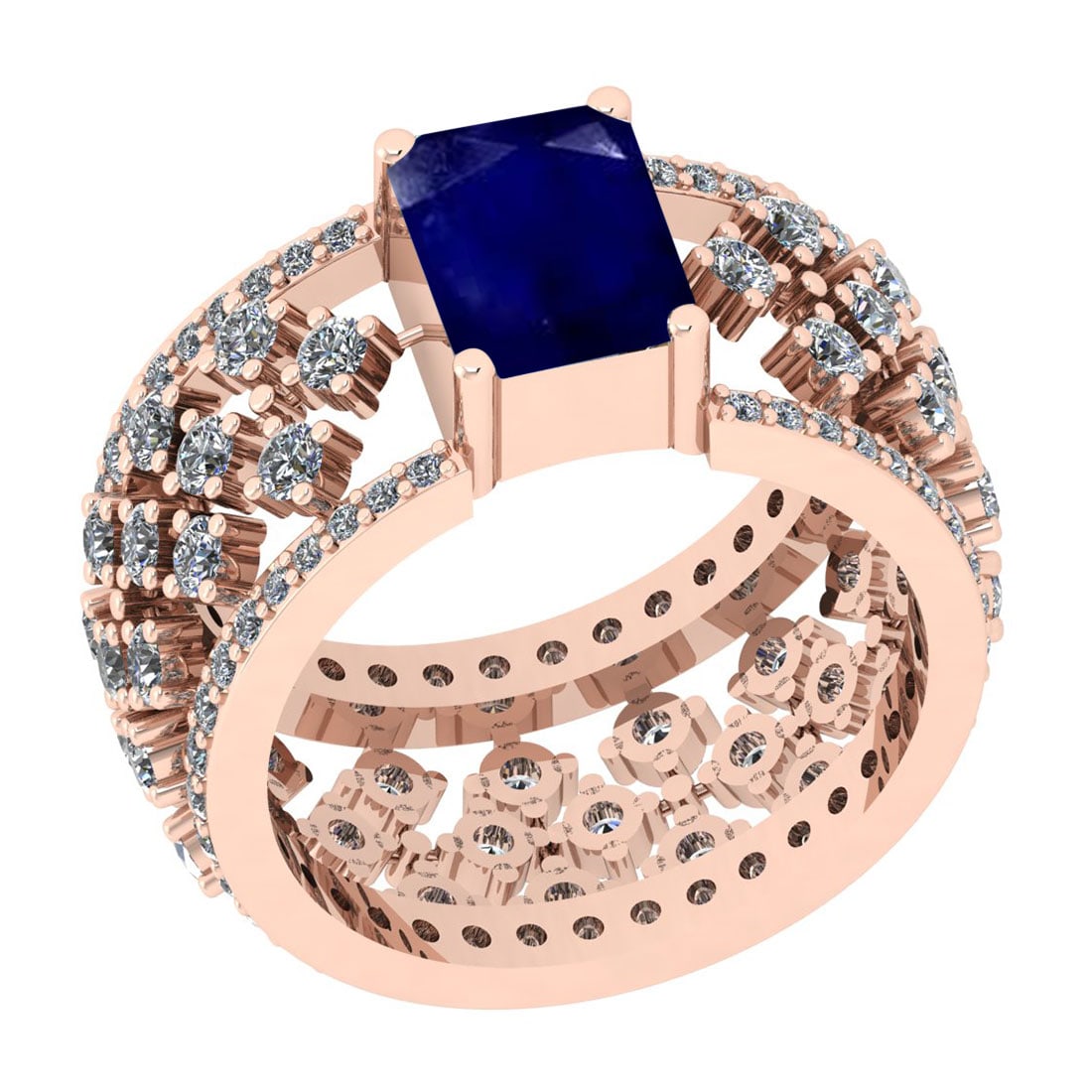1.22 Ctw VS/SI1 Blue Sapphire And Diamond 14K Rose Gold Engagement Halo Rin: Center Stone Weight : 0.50 Ctw (Emerald Cut) Center Stone Color : Blue Sapphire Stone Setting : Prong Side Stone Weight Of Ctw 0.72 Ctw Side Stone Color : J-K Stone Clarity : VS/SI1 Stone Setting : Pr