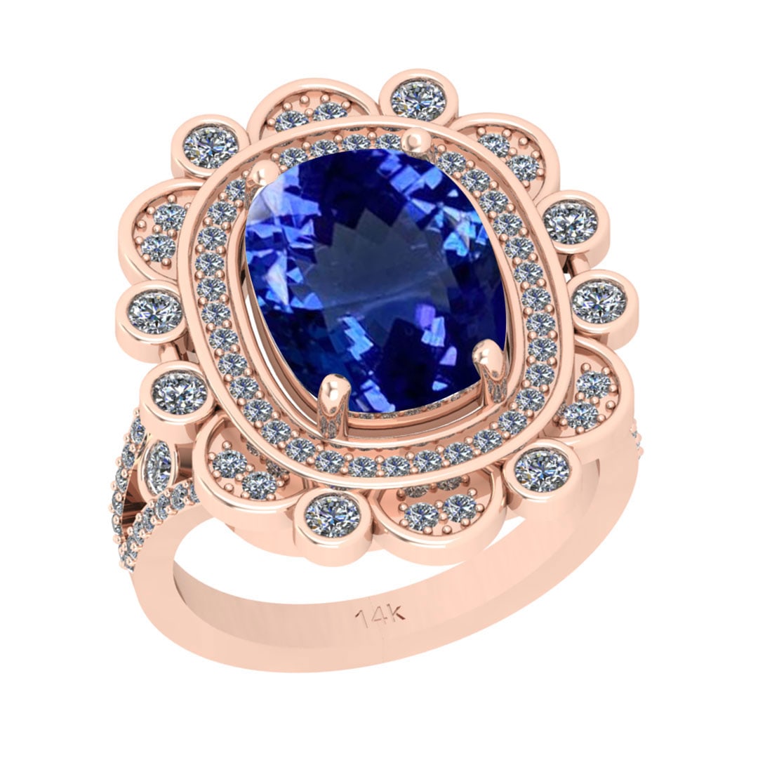 6.71 Ctw VS/SI1 Tanzanite And Diamond 18k Rose Gold Cocktail Ring: Center Stone Weight : 5.86 Ctw (Cushion Cut ) Center Stone Color : Tanzanite Stone Setting : Prong Side Stone Weight Of Ctw 0.85 Ctw Side Stone Color : J-K Stone Clarity : VS/SI1 Stone Setting : Prong