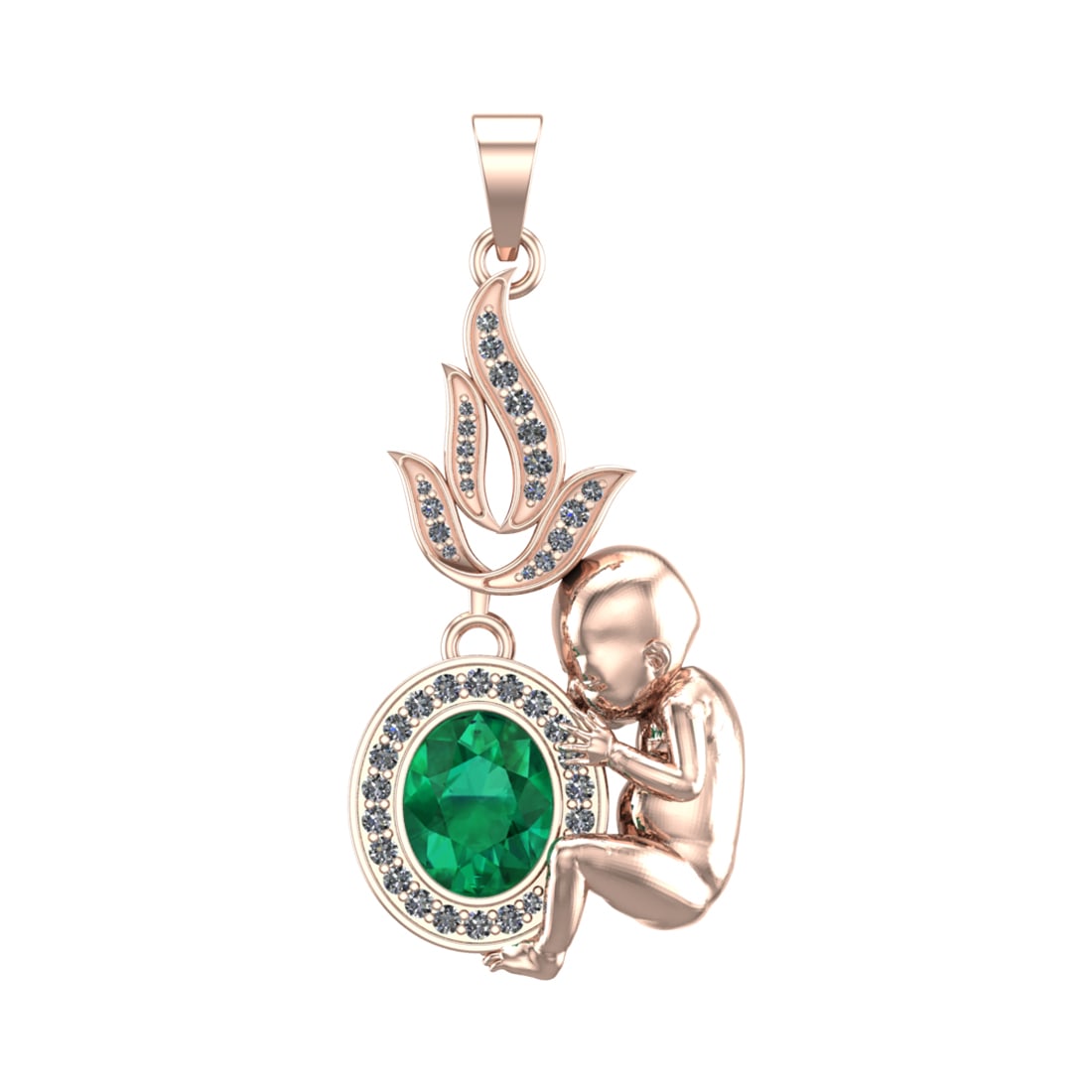 3.03 Ctw SI2/SI1 Diamond Prong Set 14k Rose Gold Baby shower Theme Pendant: Center Stone Weight :- 2.50 ctw Center stone color :-Emerald setting :- Prong Side Diamond Weight Of Ctw 0.53 Ctw Color : G-H Clarity : SI2/SI1 Daimond Setting : Prong Metal Weight : Approx 9.22 Gram