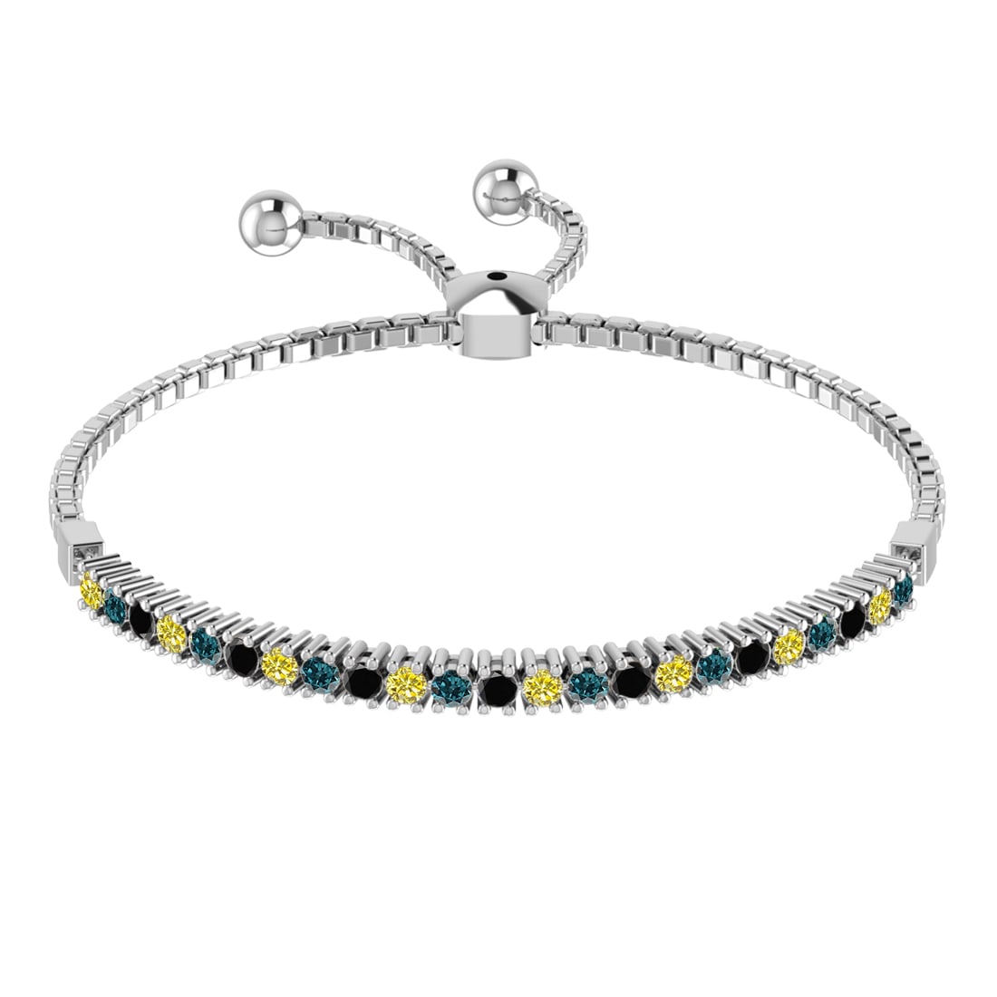 1.40 Ctw I2/I3 Treated Fancy black,Blue,Yellow diamond Prong Set 14k Yellow: Multi Daimond Weight :-1.40 Ctw Color : Treated Fancy black,Blue,Yellow diamond Clarity : I2/I3 Setting : Prong Metal Weight : Approx 6.70 gram 14k Yellow Gold Tennis Slide Bracelet B410-2.7(2)SB