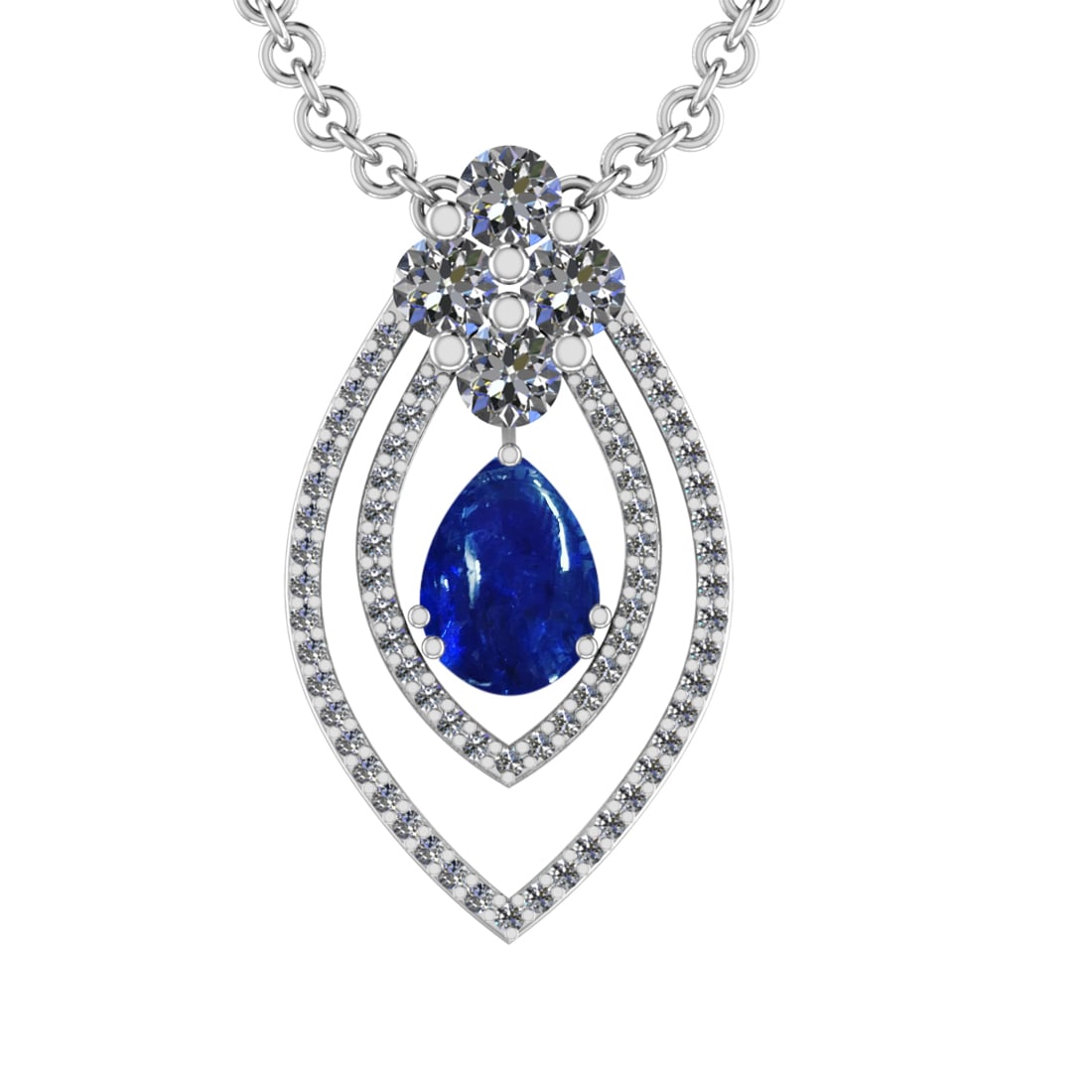 24.05 Ctw VS/SI1 Tanzanite and Diamond Prong Set 14K White Gold Pendant (AL: Color Stone Weight : 20.25 Ctw (Pear Cab) Stone Color :- Tanzanite Center Stone Setting : Prong Side Weight Of Ctw 3.80 Ctw Color : J-K Clarity : VS/SI1 Stone Setting : Prong Metal Weight : Approx 17.