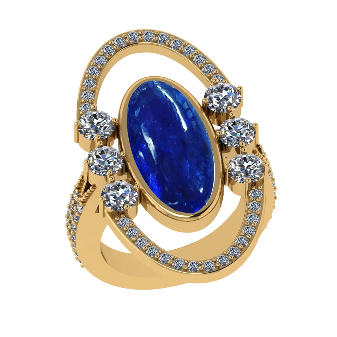 22.04 Ctw VS/SI1 Tanzanite and Diamond Prong Set 14K Yellow Gold Engagement: Color Stone Weight : 19.73 Ctw (Oval Cab) Stone Color :- Tanzanite Center Stone Setting : Prong Side Weight Of Ctw 2.31 Ctw Color : J-K Clarity : VS/SI1 Stone Setting : Prong Metal Weight : Approx 12.