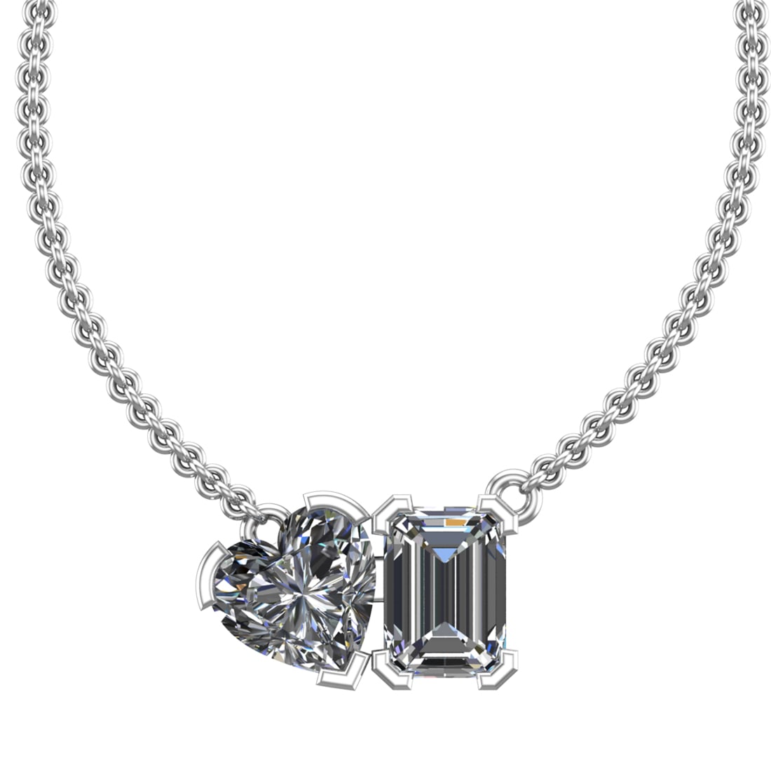 2.25 Ctw SI2/SI1 Diamond Prong Set 14K white Gold Two-Stone Pendant Necklac: Total Daimond Weight :-2.25 Ctw ( Heart & Emerald cut ) Color : G-H Clarity : SI2/SI1 Setting : Prong Metal Weight : Approx 2.61 gram 14K White Gold Two-Stone Pendant Necklace (ALL DIAMOND ARE LAB GRO