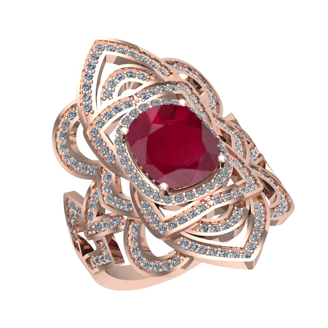 3.40 Ctw VS/SI1 Ruby and Diamond 14k Rose Gold Engagement Halo Ring (LAB GR: Center Stone Weight :- 2.50 Ctw ( Cushion Cut) Color :- Ruby Center Stone Setting : Prong Side Diamond Weight Of Ctw 0.90 Ctw Color : G-H Clarity : VS/SI1 Stone Setting : Prong Metal Weight : Approx 6