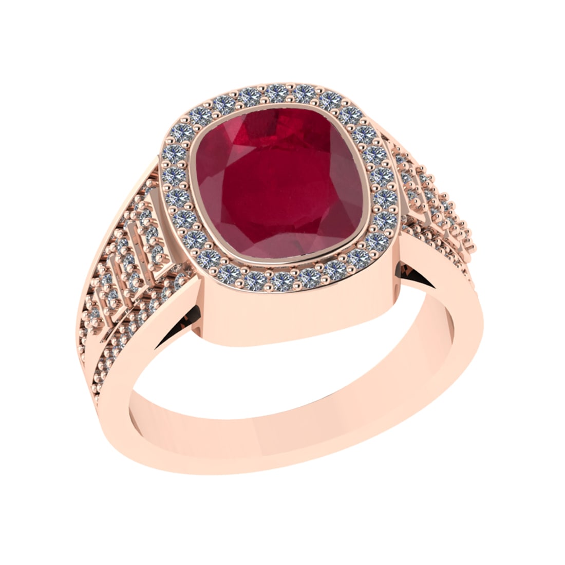 3.28 Ctw VS/SI1 Ruby and Diamond 14k Rose Gold Engagement Ring (ALL DIAMOND: Center Stone Weight :-2.70 Ctw ( Cushion Cut) Center Stone Color :-Ruby Center Stone Setting : Prong Side Diamond Weight Of Ctw 0.58 Ctw Color : G-H Clarity : VS/SI1 Daimond Setting : Prong Metal Weig