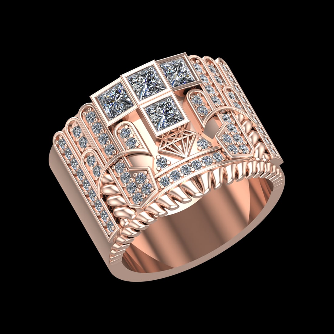 0.89 Ctw VS/SI1 Diamond Prong Set 10k Rose Gold Men s theme Engagement Ring: Center Daimond Weight :-0.44 Ctw ( Princess Cut) Color : J-K Clarity : VS/SI1 Side Diamond Weight Of Ctw 0.45 Ctw Color : J-K Clarity : VS/SI1 Daimond Setting : Prong Metal Weight : Approx 12.97 gram