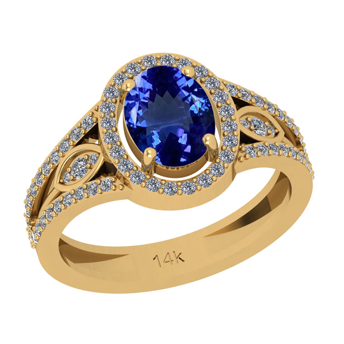 1.90 Ctw VS/SI1 Tanzanite And Diamond 18k Yellow Gold Cocktail Ring: Center Stone Weight : 1.50 Ctw (Oval Cut ) Center Stone Color : Tanzanite Stone Setting : Prong Side Stone Weight Of Ctw 0.40 Ctw Side Stone Color : J-K Stone Clarity : VS/SI1 Stone Setting : Prong