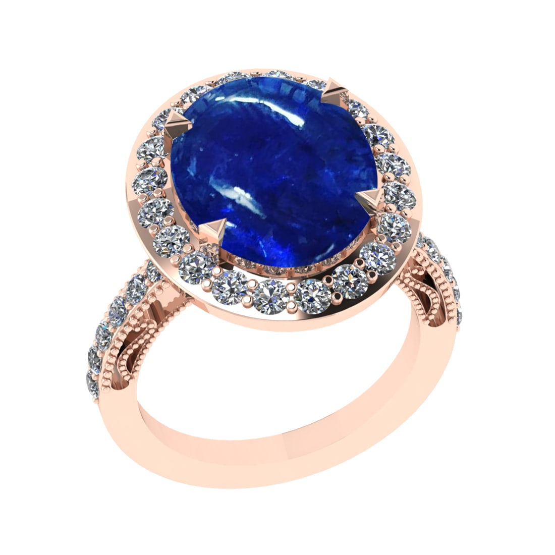 8.53 Ctw VS/SI1 Tanzanite and Diamond Prong Set 14K Rose Gold Engagement Ri: Color Stone Weight : 7.30 Ctw (Oval Cab) Stone Color :- Tanzanite Center Stone Setting : Prong Side Weight Of Ctw 1.23 Ctw Color : J-K Clarity : VS/SI1 Stone Setting : Prong Metal Weight : Approx 9.90