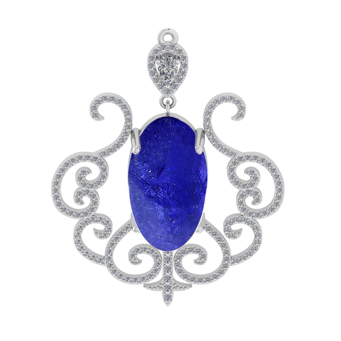 17.97 CtwVS/SI1 Tanzanite and Diamond 14k White Gold Pendant (ALL DIAMOND A: Center Stone Weight :-16.83 Ctw ( Oval Cab) Center Stone Color :-Tanzanite Center Stone Setting : Prong Side Diamond Weight Of Ctw :- 1.14 Ctw Color : J-K Clarity : VS/SI1 Daimond Setting : Prong Meta