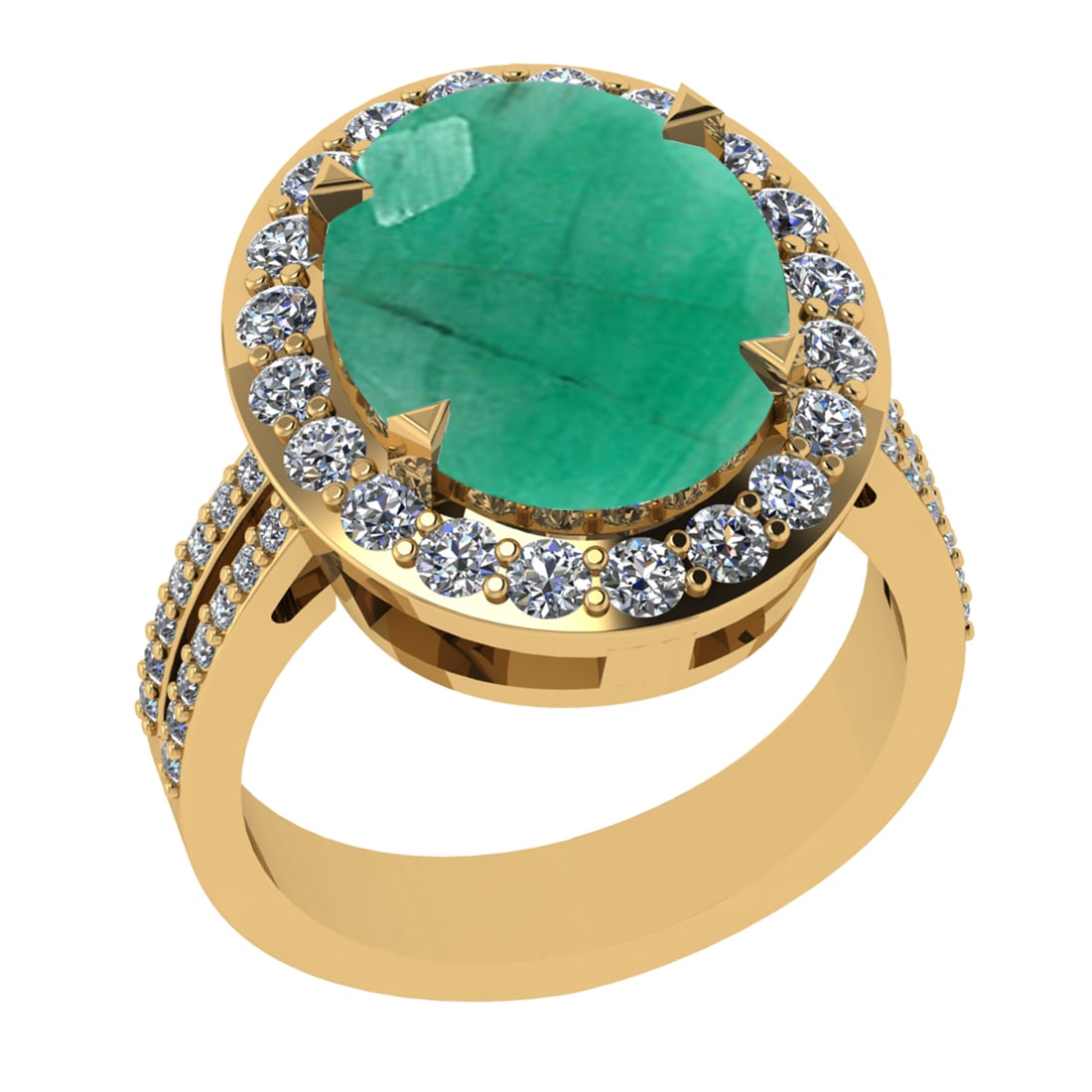 5.55 Ctw VS/SI1 Emerald And Diamond 14K Yellow Gold Engagement Ring: Center Stone Weight : 5.10 Ctw (Oval Cut ) Center Stone Color : Emerald Stone Setting : Prong Side Diamond Weight Of Ctw 0.45 Ctw Side Stone Color : G-H Stone Clarity : VS/SI1 Stone Setting : Prong