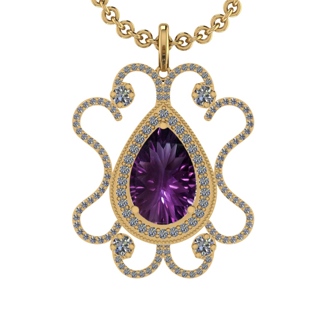 16.10 Ctw VS/SI1 Amethyst and Diamond 14K Yellow Gold Pendant: Center Stone Weight : 13.36 Ctw ( Pear Cut) Center Stone Color :-Amethyst Setting : Prong Side Weight Of Ctw 2.34 Ctw Color : J-K Clarity : VS/SI1 Stone Setting : Prong Metal Weight : Approx 12.90 gra