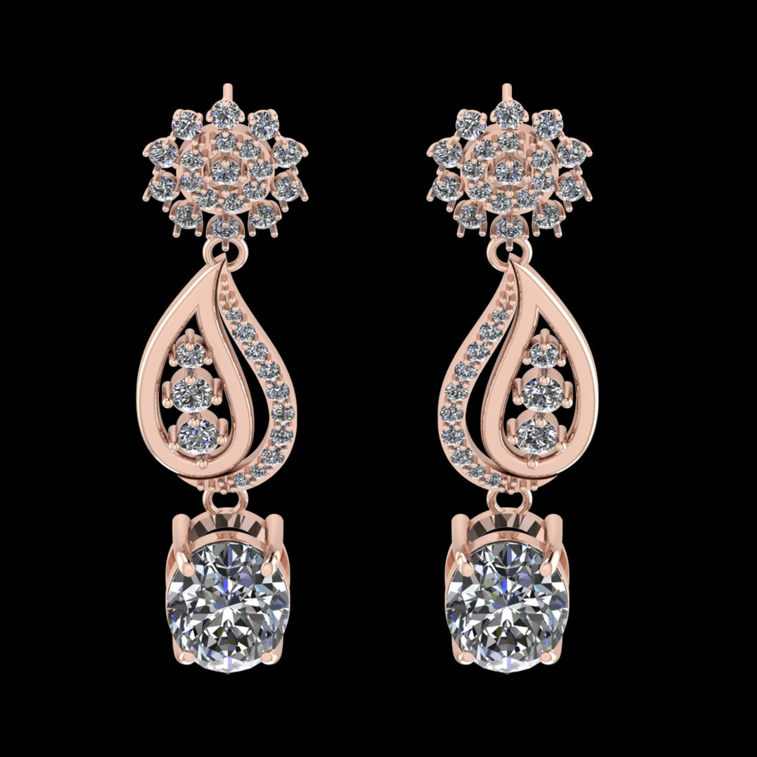 13.57 Ctw VS/SI1 Diamond Prong Set 18k Rose Gold Dangle Stud Earrings (ALL: Center Daimond Weight :-10.10 Ctw ( Oval Cut) Color : G-H Clarity : VS/SI1 Side Diamond Weight Of Ctw 3.47 Ctw Color : G-H Clarity : VS/SI1 Daimond Setting : Prong Metal Weight : Approx 14.56 gram