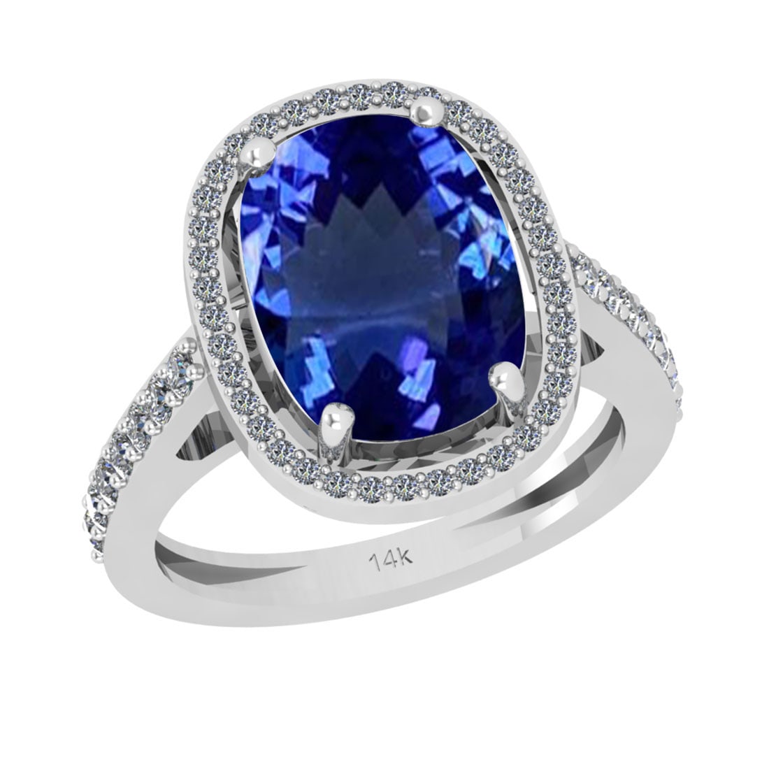 5.26 Ctw VS/SI1 Tanzanite And Diamond 18k White Gold Cocktail Ring: Center Stone Weight : 4.72 Ctw (Cushion Cut ) Center Stone Color : Tanzanite Stone Setting : Prong Side Stone Weight Of Ctw 0.54 Ctw Side Stone Color : J-K Stone Clarity : VS/SI1 Stone Setting : Prong