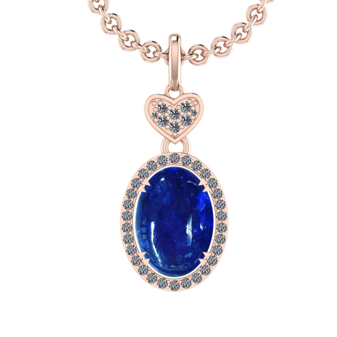 12.57 Ctw VS/SI1 Tanzanite and Diamond 14K Rose Gold Pendant: Center Stone Weight : 12.20 Ctw ( Oval Cab) Center Stone Color :-Tanzanite Setting : Prong Side Weight Of Ctw 0.37 Ctw Color : J-K Clarity :VS/SI1 Stone Setting : Prong Metal Weight : Approx 6.80 gram