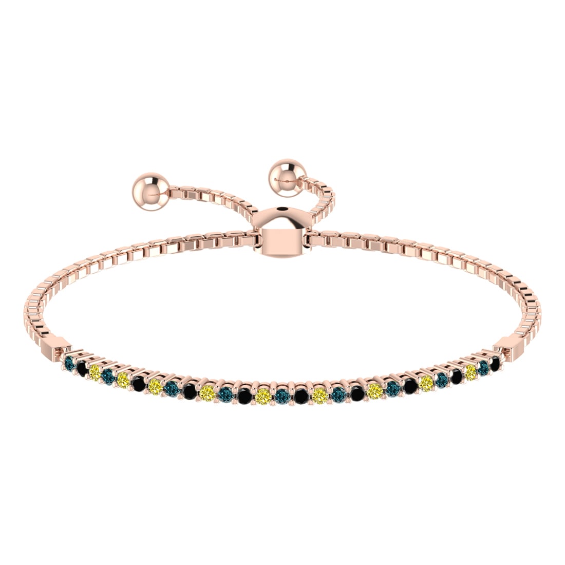 0.45 Ctw I2/I3 Treated Fancy black,Blue,Yellow diamond Prong Set 14k white: Multi Daimond Weight :-0.45 Ctw Color : Treated Fancy black,Blue,Yellow diamond Clarity : I2/I3 Setting : Prong Metal Weight : Approx 5.10 gram 14k White Gold Tennis Slide Bracelet MJ2675-1.5SB #3SS96