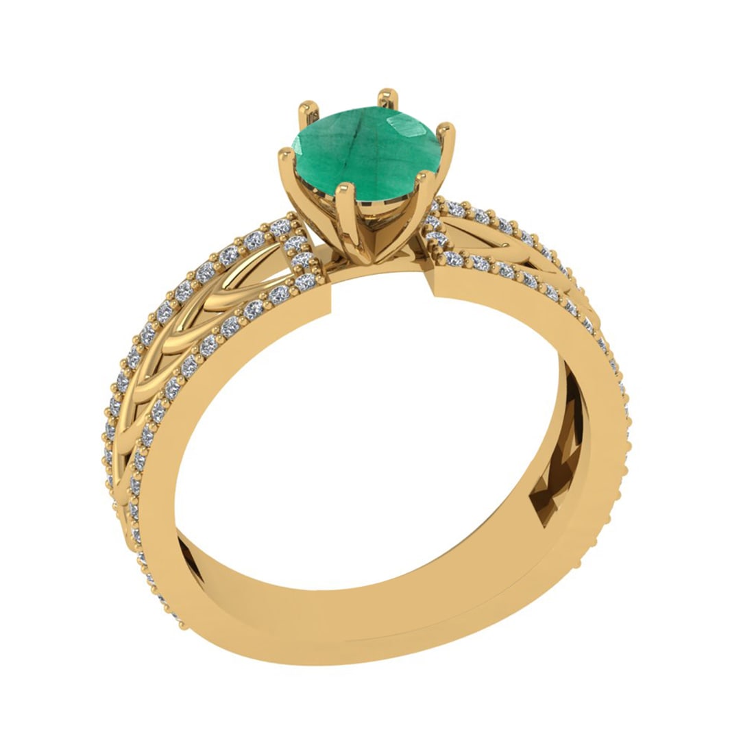 1.36 Ctw VS/SI1 Emerald and Diamond Prong Set 14K Yellow Gold Engagement Ri: Center Stone Weight : 1.00 Ctw (Round Cut) Center Stone Color : Emerald Setting : Prong Side Weight Of Ctw 0.36 Ctw Color : J-K Clarity : VS/SI1 Stone Setting : Prong Metal Weight : Approx 4.60 gram 1
