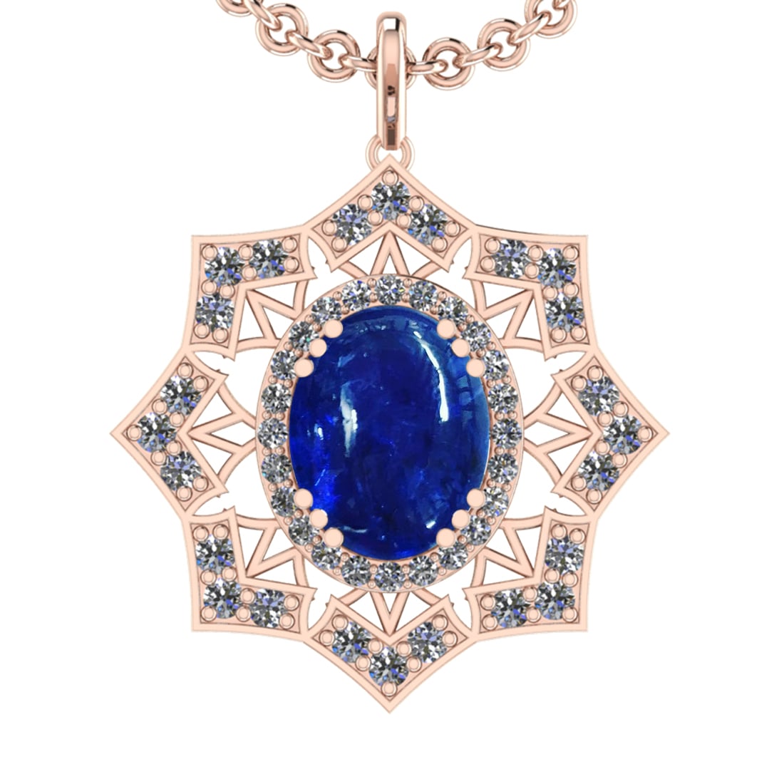 22.81 Ctw VS/SI1 Tanzanite and Diamond 14K Rose Gold Pendant: Center Stone Weight : 20.97 Ctw ( Oval Cab) Center Stone Color :-Tanzanite Setting : Prong Side Weight Of Ctw 1.84 Ctw Color : J-K Clarity :VS/SI1 Stone Setting : Prong Metal Weight : Approx 12.90 gra