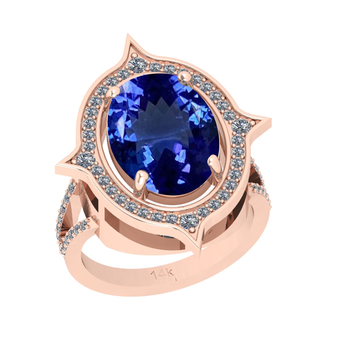 7.70 Ctw VS/SI1 Tanzanite And Diamond 18k Rose Gold Cocktail Ring: Center Stone Weight : 7.26 Ctw (Oval Cut ) Center Stone Color : Tanzanite Stone Setting : Prong Side Stone Weight Of Ctw 0.44 Ctw Side Stone Color : J-K Stone Clarity : VS/SI1 Stone Setting : Prong Me