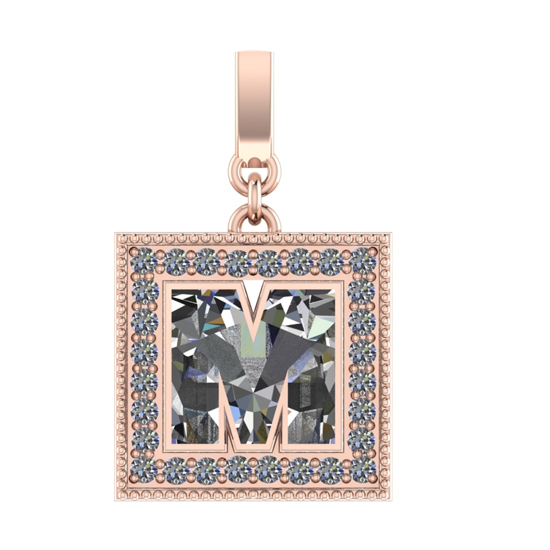 1.41 Ctw SI2/SI1 Diamond Prong Set 14k Rose Gold Alphaabet-M Pendant (ALL D: Center Daimond Weight :-1.19 Ctw Color : White Side Diamond Weight Of Ctw 0.22 Ctw Color : G-H Clarity : SI2/SI1 Daimond Setting : Prong Metal Weight : Approx 3.86 gram 14k Rose Gold Alphaabet-M