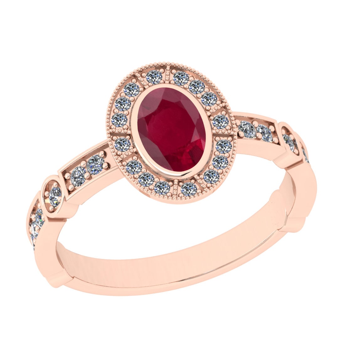 1.07 Ctw VS/SI1 Ruby And Diamond 14K Rose Gold Wedding Ring: Center Stone Weight : 0.75 Ctw (Oval Cut) Center Stone Color : Ruby Stone Setting : Prong Side Stone Weight Of Ctw 0.32 Ctw Side Stone Color : J-K Stone Clarity : VS/SI1 Stone Setting : Prong Metal We