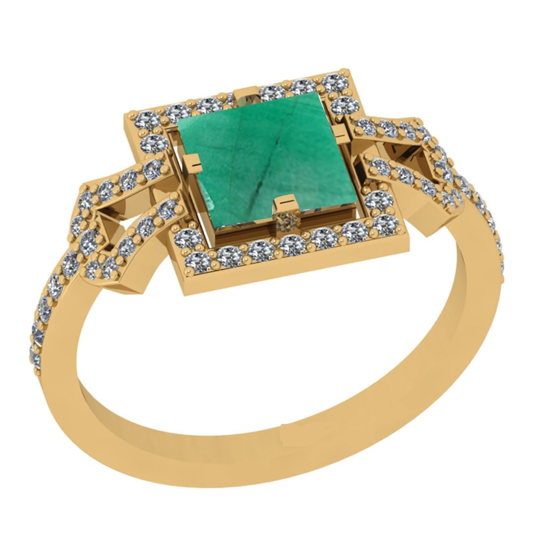 1.34 Ctw VS/SI1 Emerald And Diamond 14K Yellow Gold Wedding Halo Ring: Center Stone Weight : 1.00 Ctw (Cushion Cut )Center Stone Color : Emerald Stone Setting : Prong Side Stone Weight Of Ctw 0.34 Ctw Side Stone Color : J-K Stone Clarity : VS/SI1 Stone Setting : Prong Me