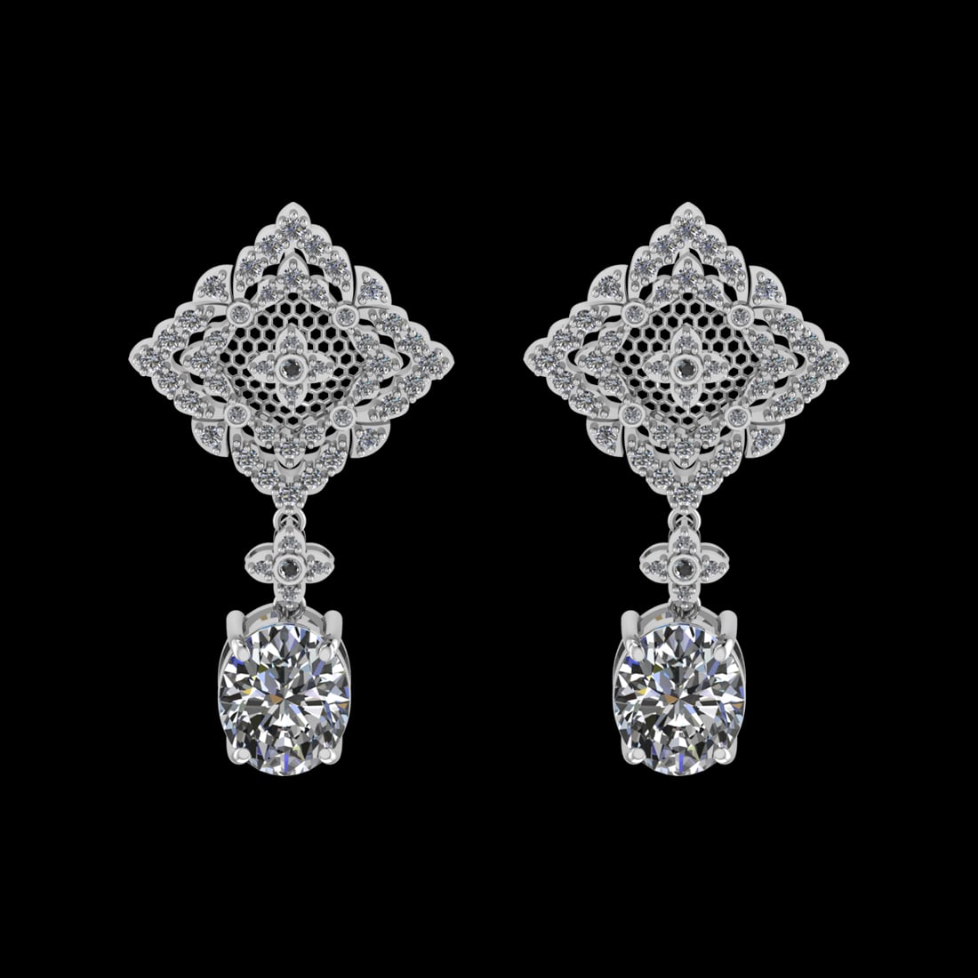 12.19 Ctw VS/SI1 Diamond Prong Set 18k white Gold Dangle Stud Earrings (ALL: Center Daimond Weight :-10.10 Ctw ( Oval Cut) Color : G-H Clarity : VS/SI1 Side Diamond Weight Of Ctw 2.09 Ctw Color : G-H Clarity : VS/SI1 Daimond Setting : Prong Metal Weight : Approx 16.40 gram 18k