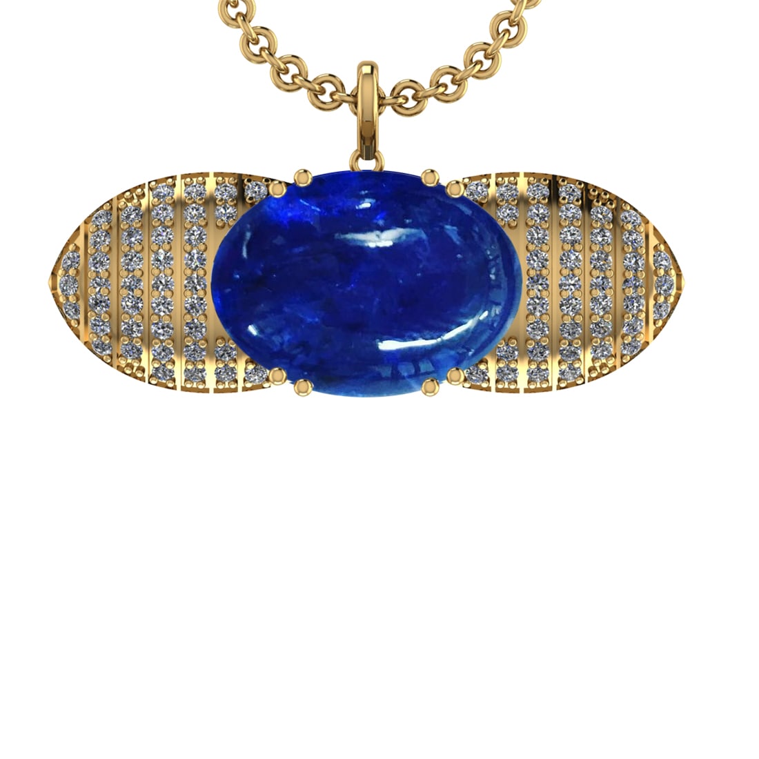 31.58 Ctw VS/SI1 Tanzanite and Diamond 14K Yellow Gold Pendant: Center Stone Weight : 28.71 Ctw ( Oval Cab) Center Stone Color :-Tanzanite Setting : Prong Side Weight Of Ctw 2.87 Ctw Color : J-K Clarity :VS/SI1 Stone Setting : Prong Metal Weight : Approx 17.60 gra