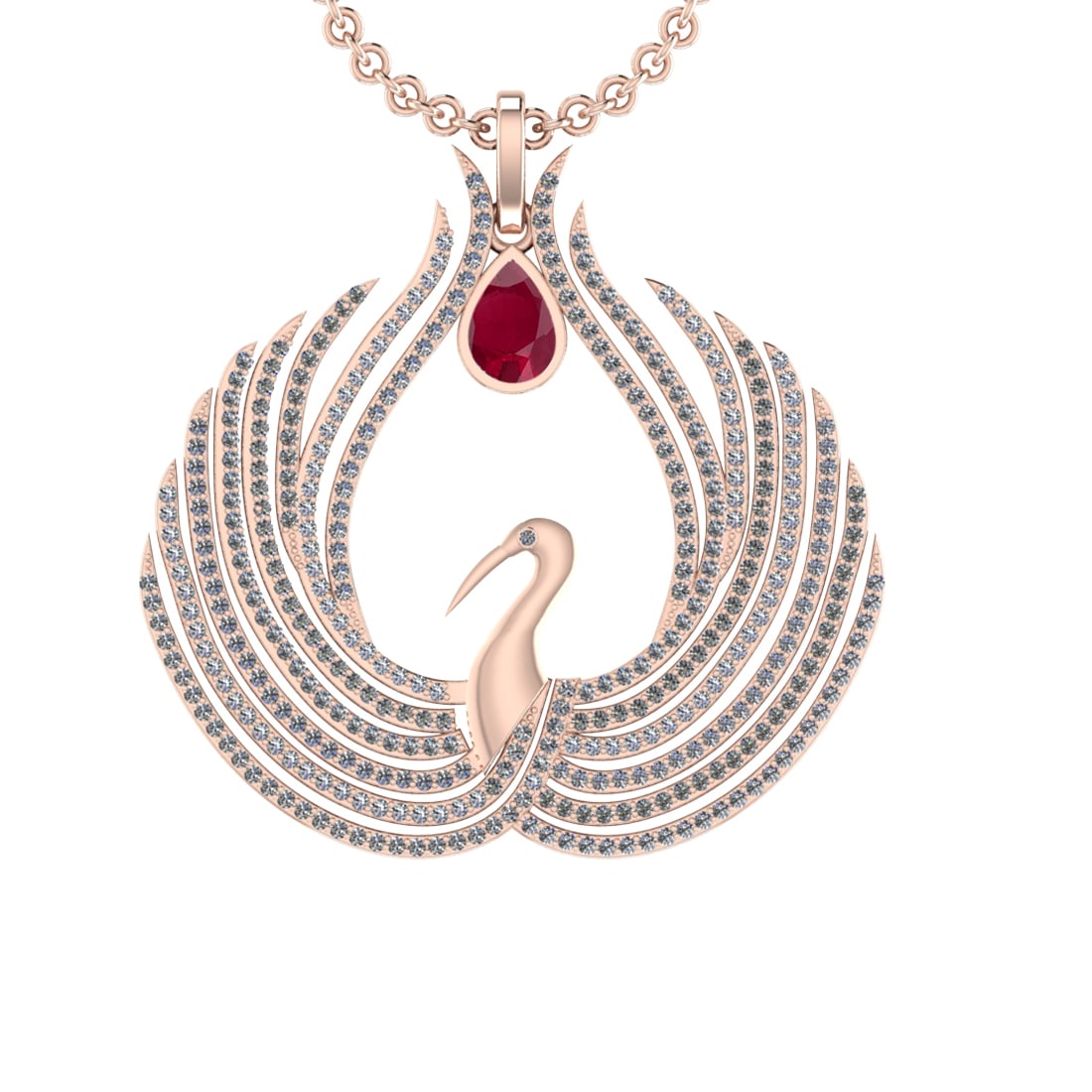 7.52 Ctw VS/SI1 Ruby and Diamond 14K Rose Gold Pendant (ALL DIAMOND ARE LAB: Center Stone Weight :-2.00 Ctw ( Pear Cut) Color :- Ruby Setting : Prong Side Diamond Weight Of Ctw 5.52 Ctw Color : J-K Clarity : VS/SI1 Stone Setting : Prong Metal Weight : Approx 17.90 gram 14K Ros
