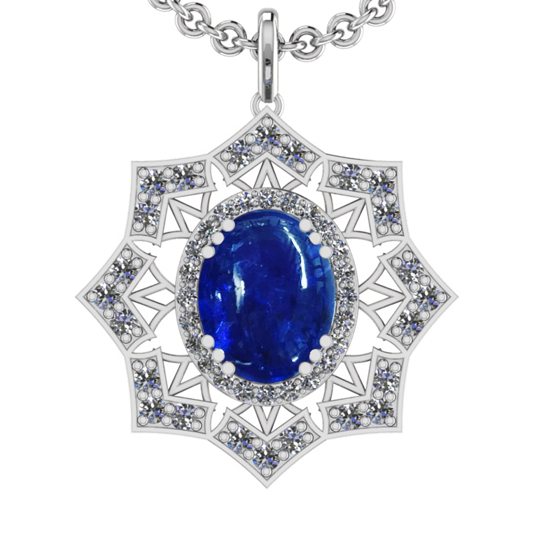 22.81 Ctw VS/SI1 Tanzanite and Diamond 14K White Gold Pendant: Center Stone Weight : 20.97 Ctw ( Oval Cab) Center Stone Color :-Tanzanite Setting : Prong Side Weight Of Ctw 1.84 Ctw Color : J-K Clarity :VS/SI1 Stone Setting : Prong Metal Weight : Approx 12.90 gra