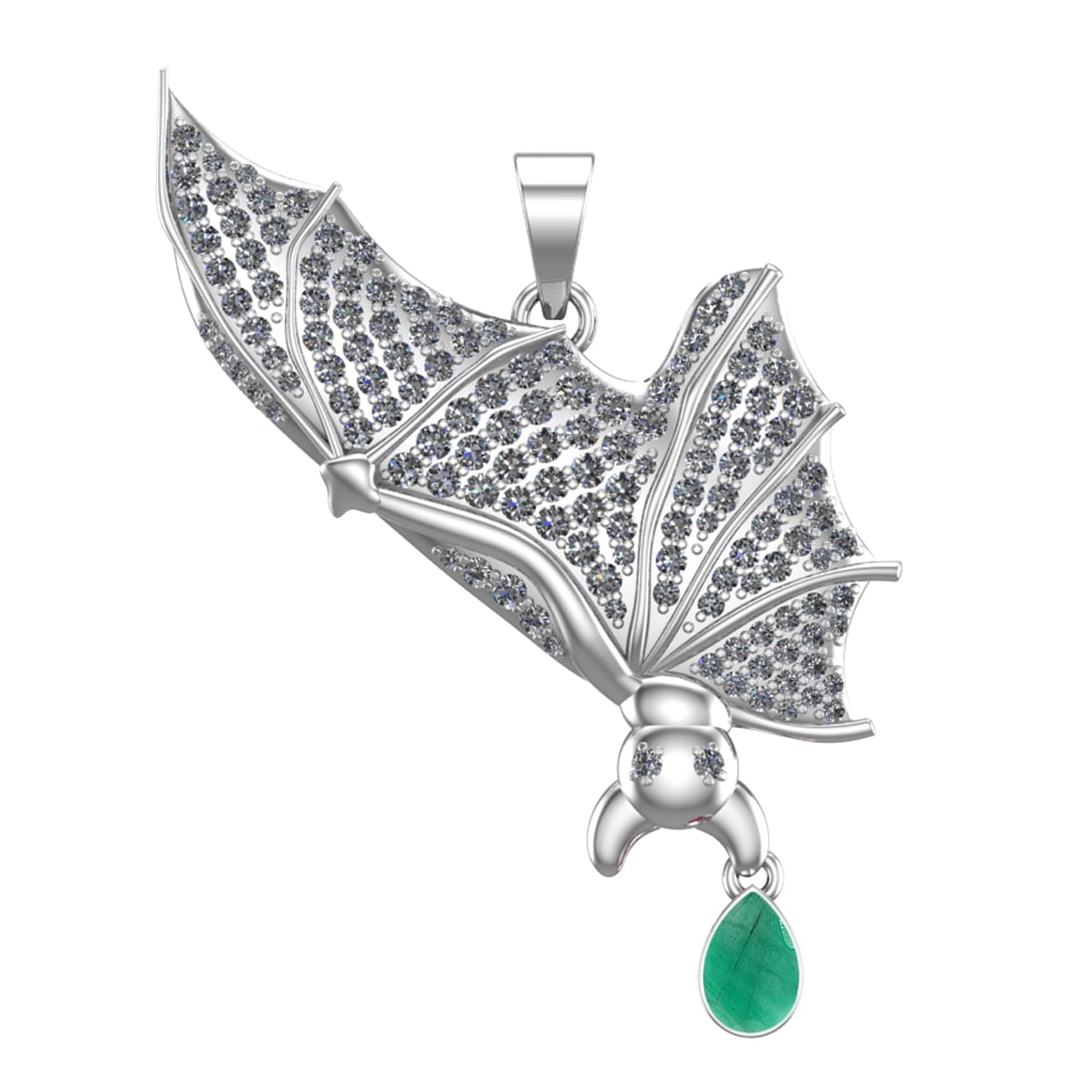 2.05 Ctw VS/SI1 Emeraldand Diamond Prong Set 14k white Gold Bat Theme Penda: Center Stone Weight :-0.50 Ctw ( Pear Cut ) Center Stone Color :-Emerald Center Stone Setting : Prong Side Diamond Weight Of Ctw :- 1.55 Ctw Color : J-K Clarity : VS/SI1 Daimond Setting : Prong Metal